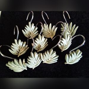 Set Shower Curtain Hooks Leaf Palm Frond Tropical Silver Green Hangers
